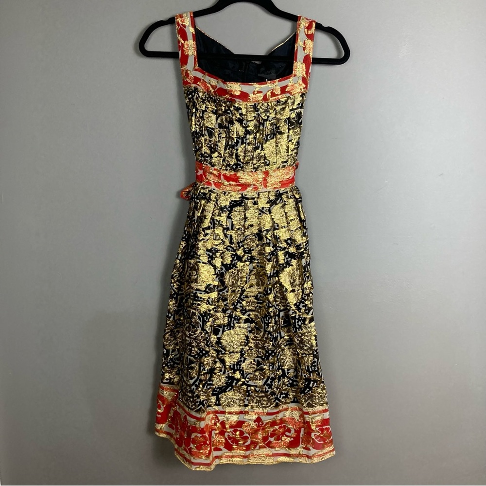 Anna Sui dress size 6 gold foil Asian print 90's Y2K babydoll Geisha dragon